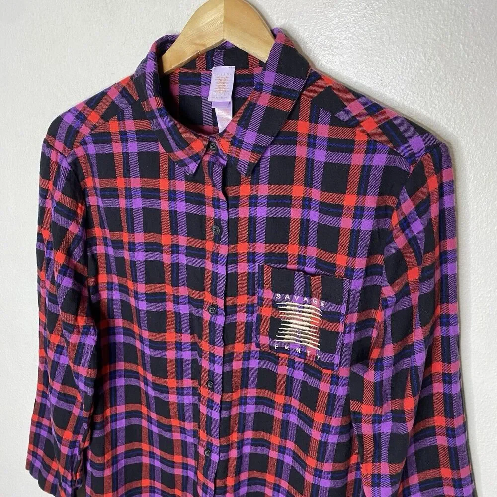 Savage Fenty Night Star Chaser Flannel Sleep Top‎ Red Purple Black Women’s 8-10 - Picture 2 of 8